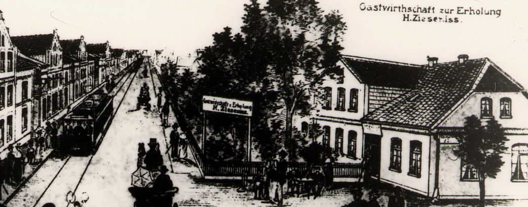 die Gastwirtschaft Zieseniß mit Bier- und Kaffegarten an der damals noch engen Badenstedter Straße mit eingleisiger Bahnstrecke