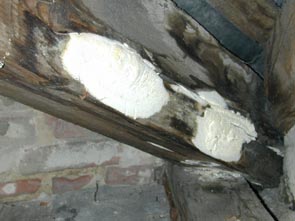 Weißer Porenschwamm, Befall im Dach an undichter Kehle. Foto: Rüpke